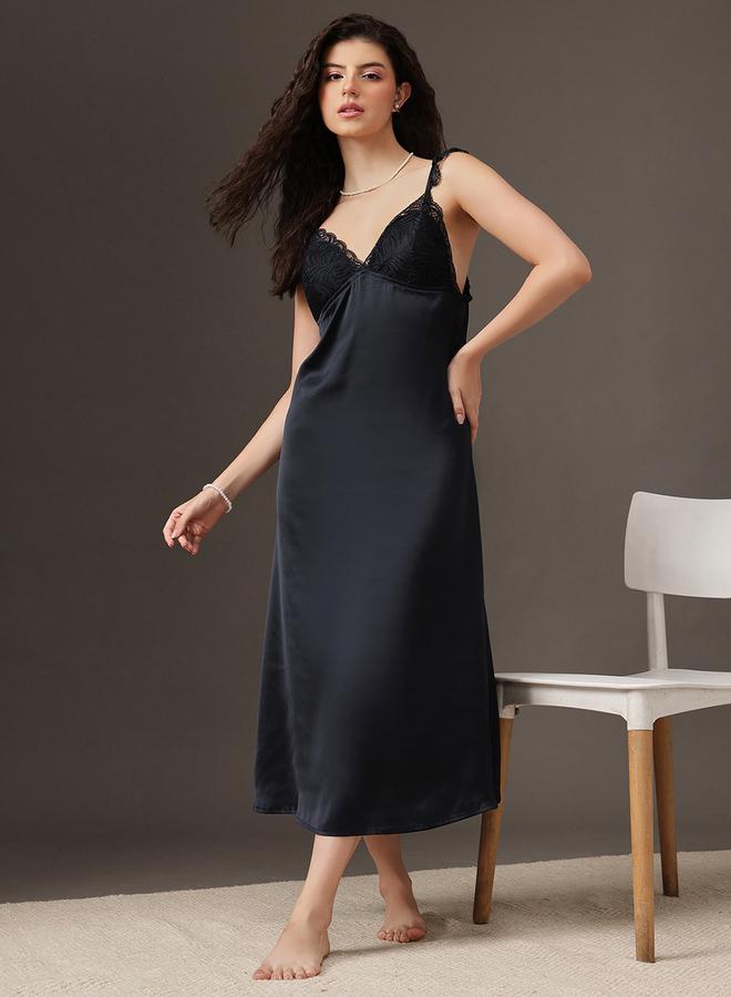 Clovia Women Black Satin Nightdress with Robe Set - Image 3